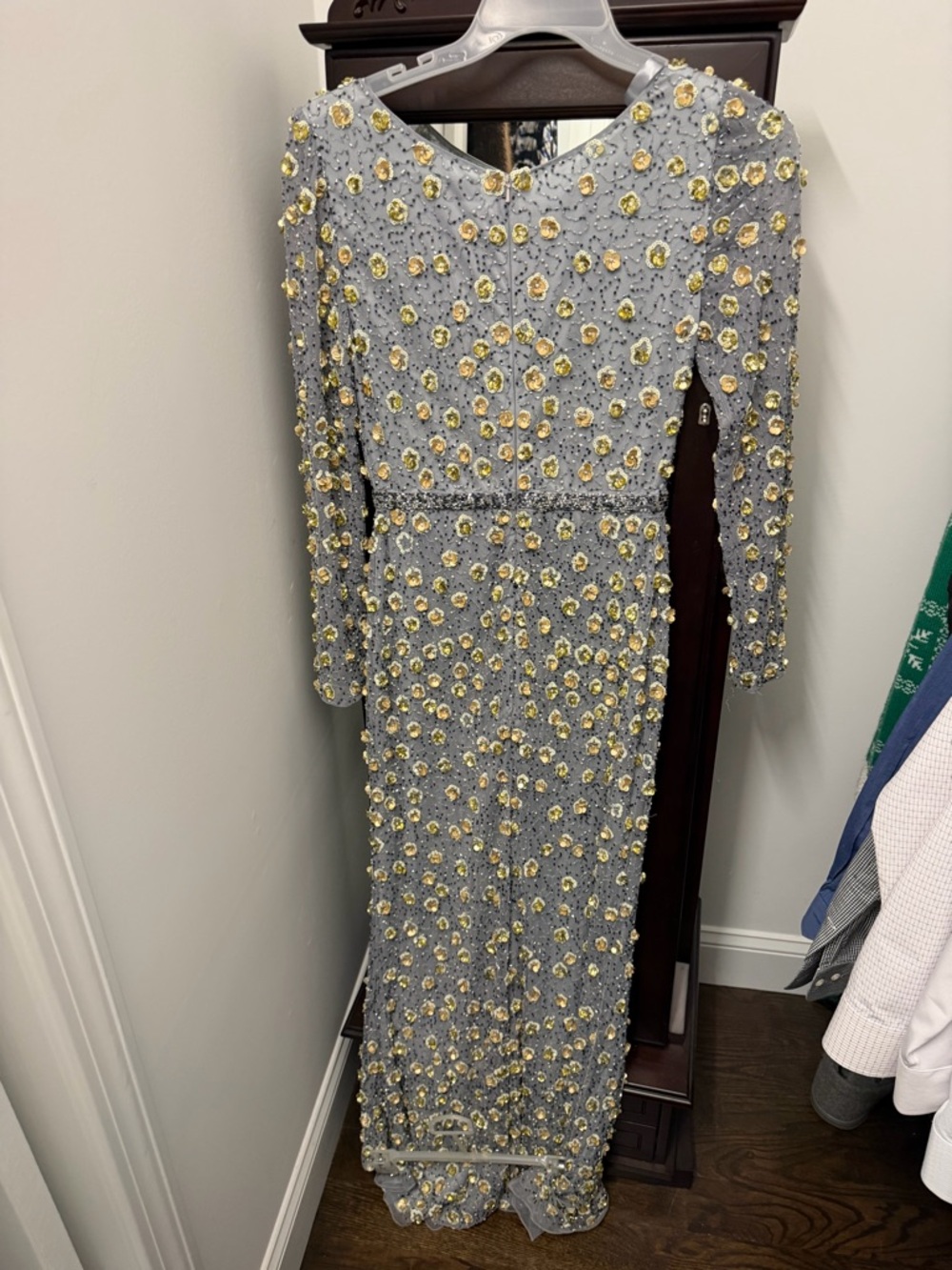 Mac Duggal Silver Gown with Gold Floral Embellishments — Long Sleeve - Picture 3 of 6